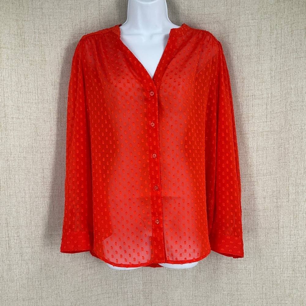 Banana Republic Blouse Womens Medium Red Swiss Dot Sheer Button Up Office NEW